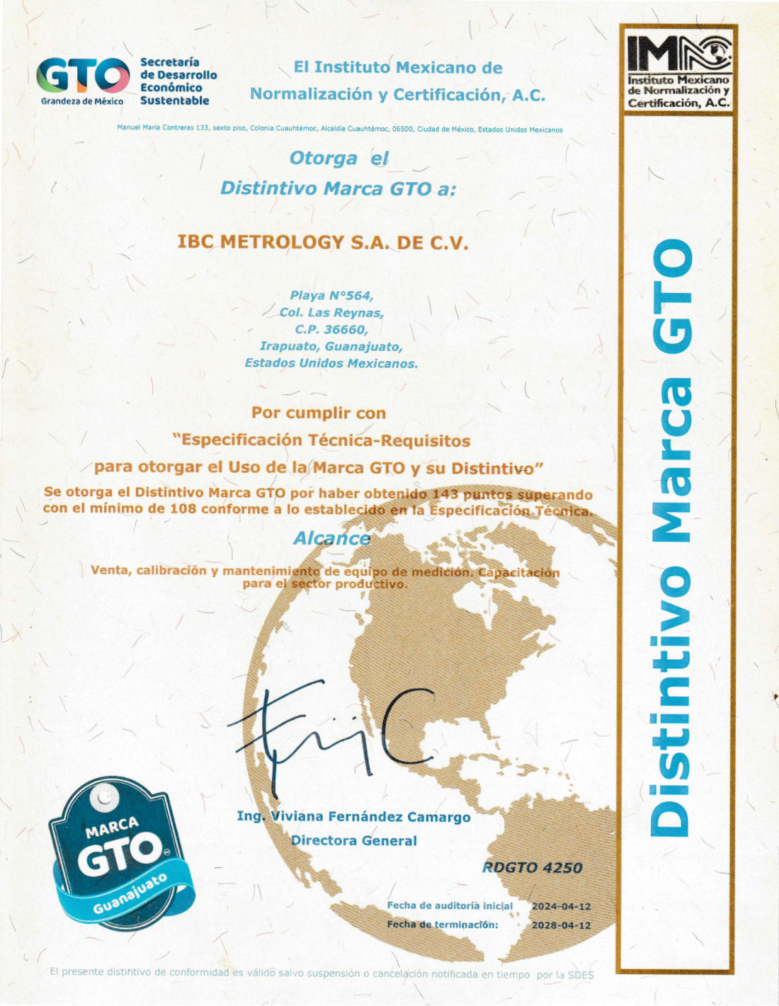 Distintivo Marca GTO No. RDGTO 450 otorgado por el IMNC a IBC Metrology, S.A. de C.V.